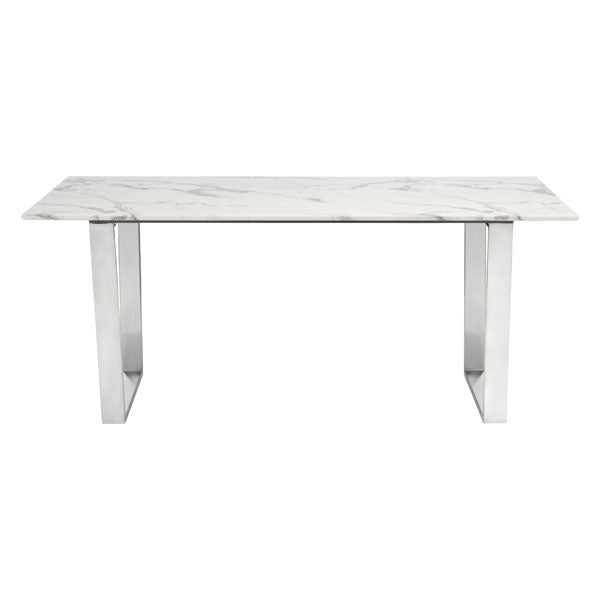 71" White And Silver Marble And Steel Dining Table