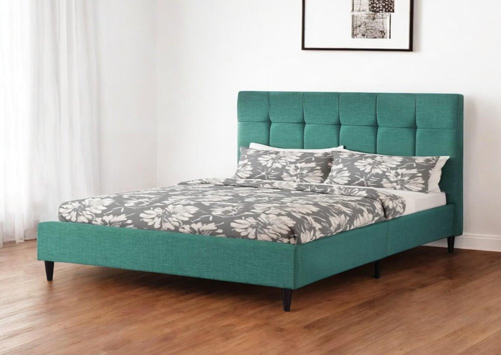 California King Blue Modern Upholstered Square Stitched Platform Bed