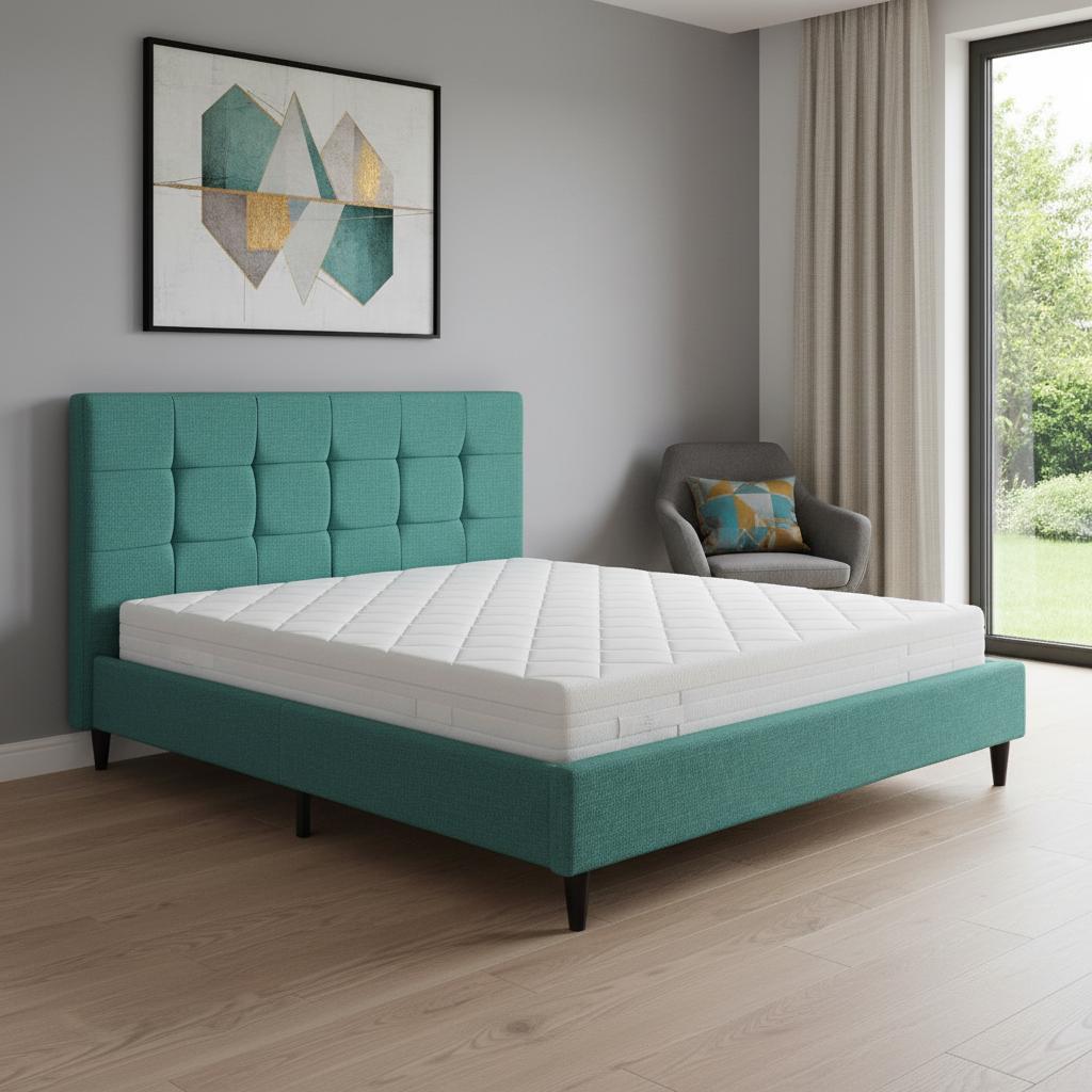 California King Blue Modern Upholstered Square Stitched Platform Bed