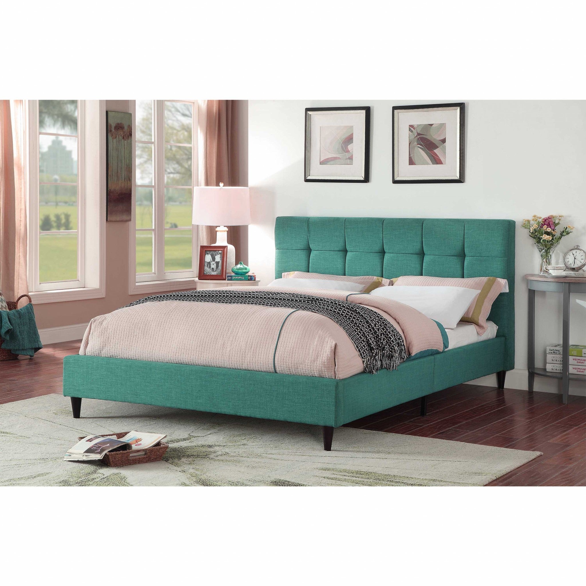 Turquoise Tufted Fabric Upholstered Queen Bed Frame