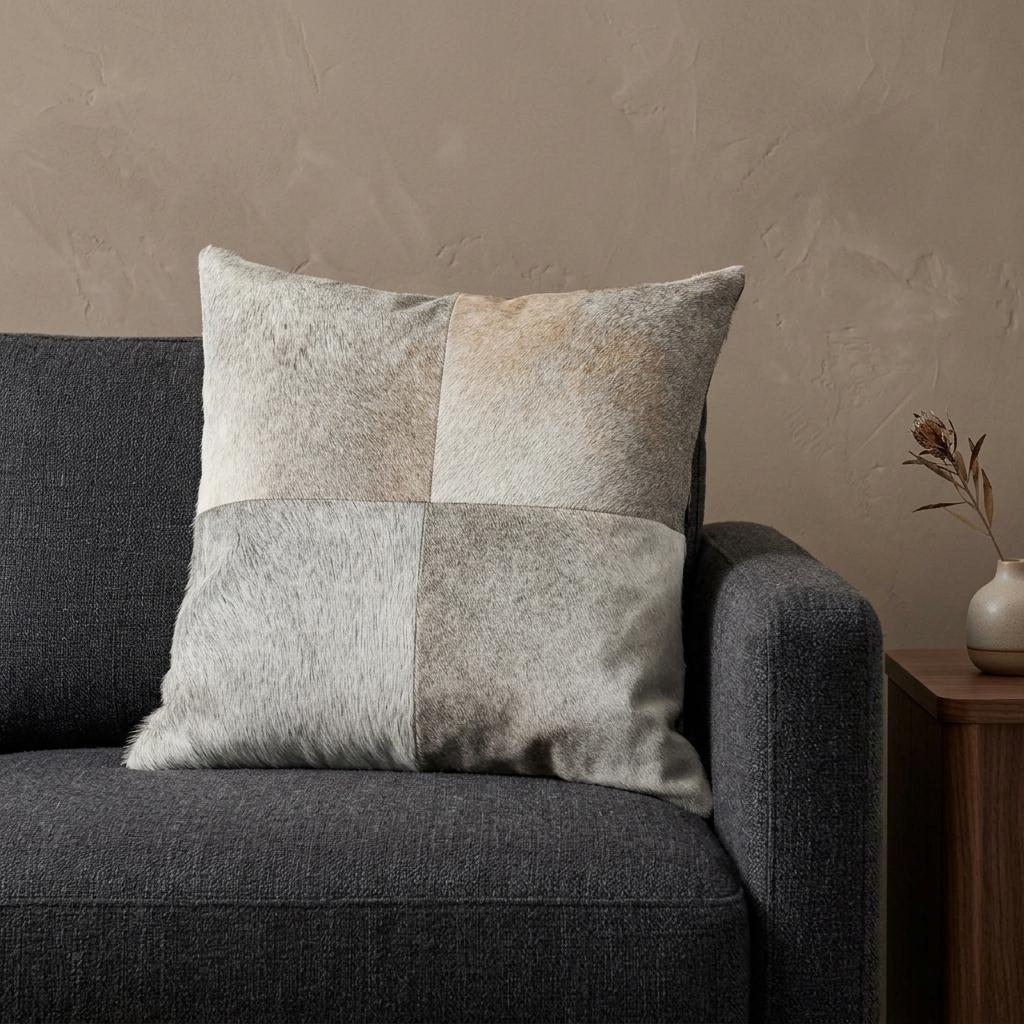 18" Gray Geometric Color Block Cowhide Throw Pillow