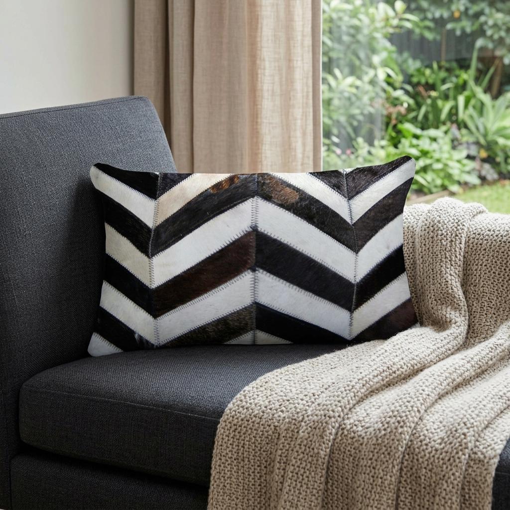 12" X 20" Chocolate Brown and Off White Chevron Cowhide Throw Pillow
