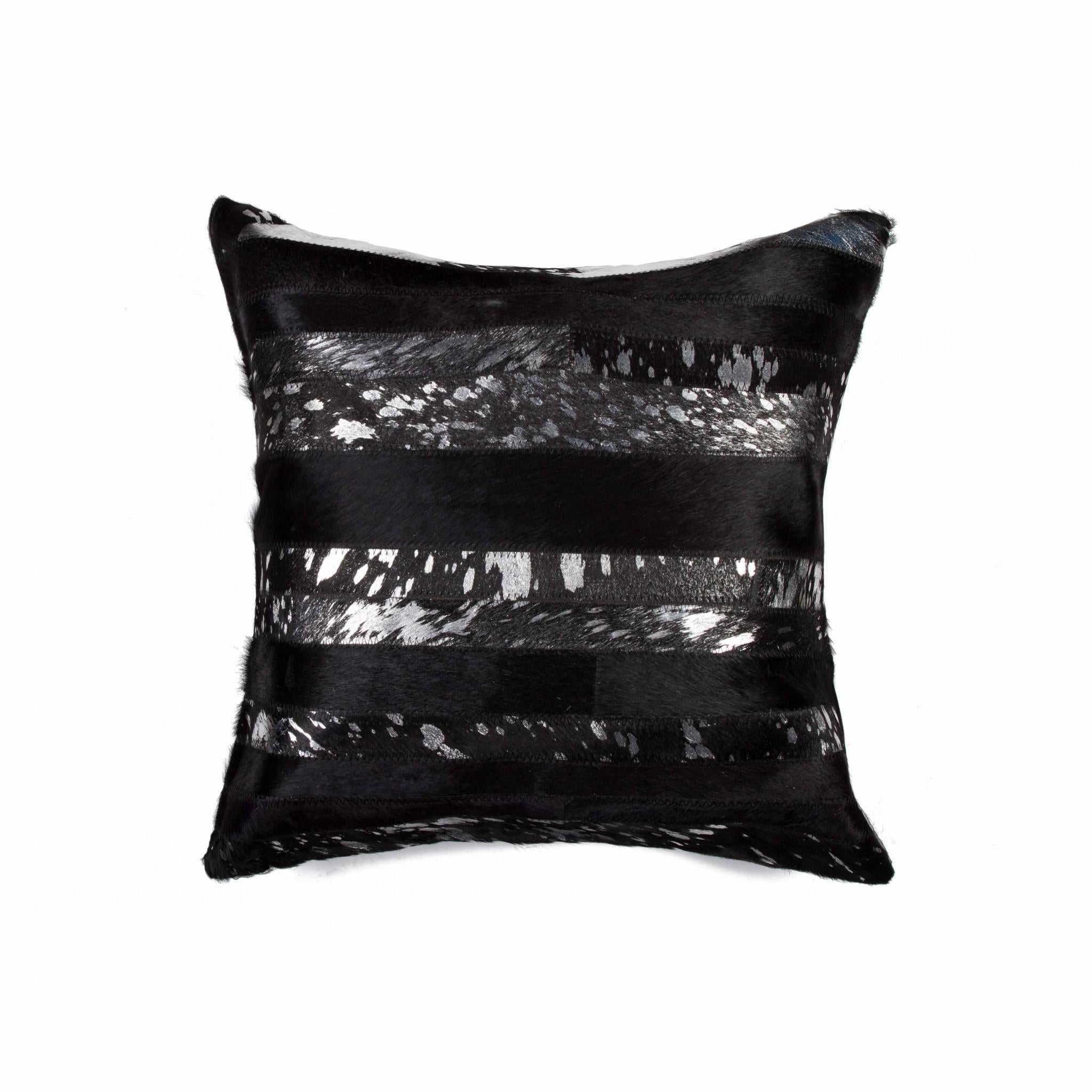 18" Black And Silver Striped Cowhide Throw Pillow