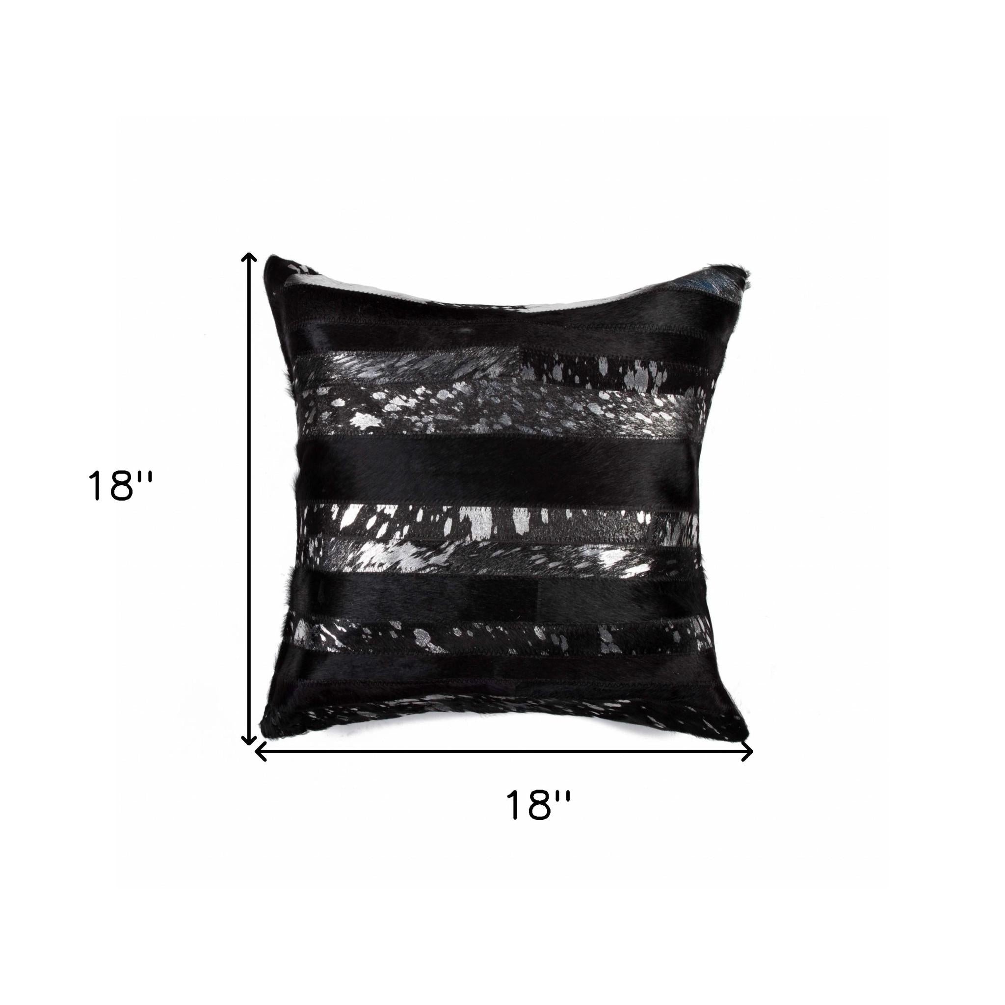 18" Black And Silver Striped Cowhide Throw Pillow