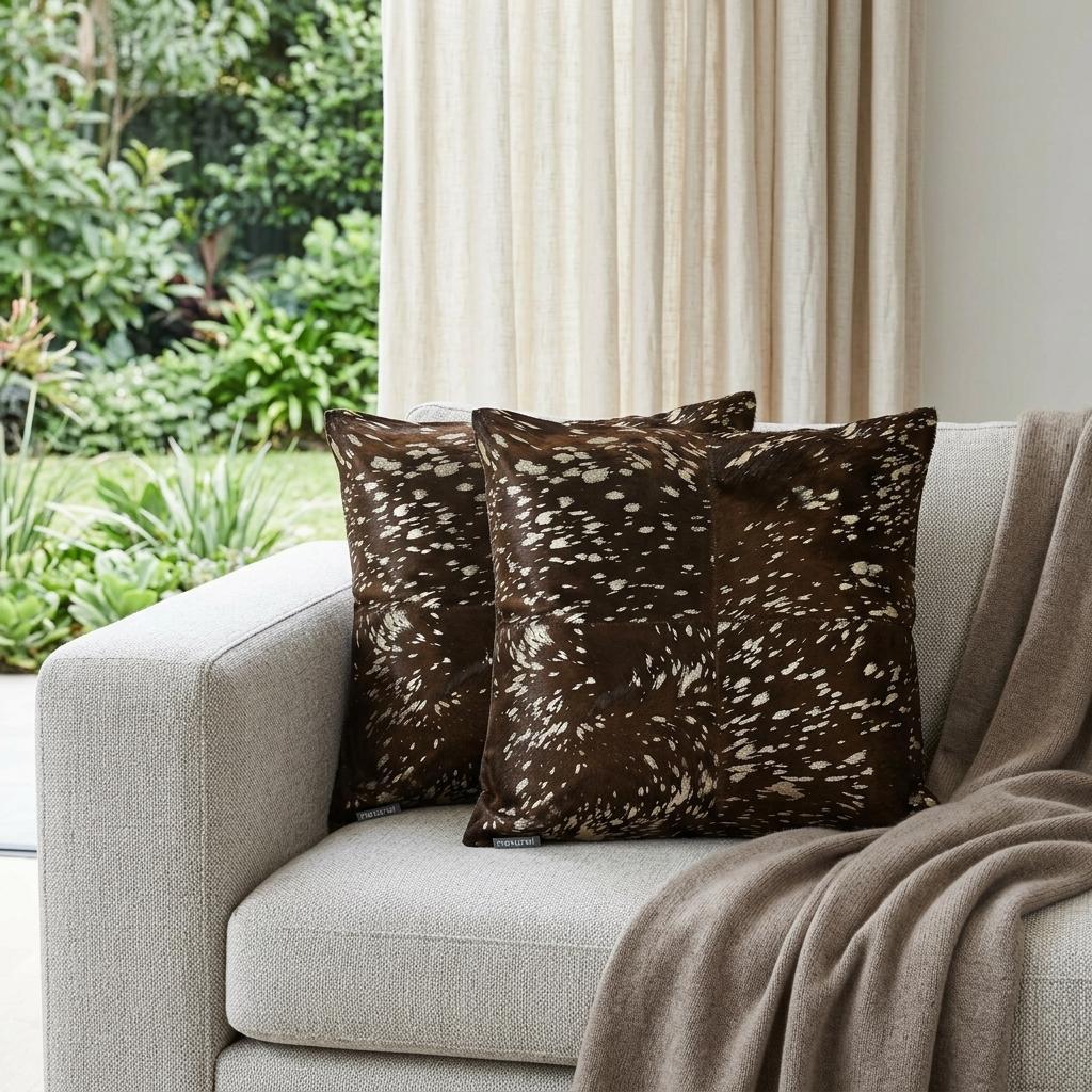 Set of Two 18" Chocolate And Gold Cowhide Throw Pillows