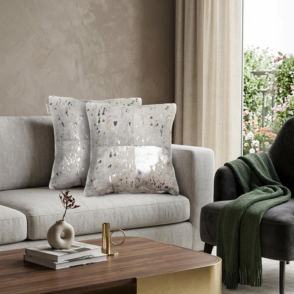 Set of Two Silver and Gray Cowhide Throw Pillow