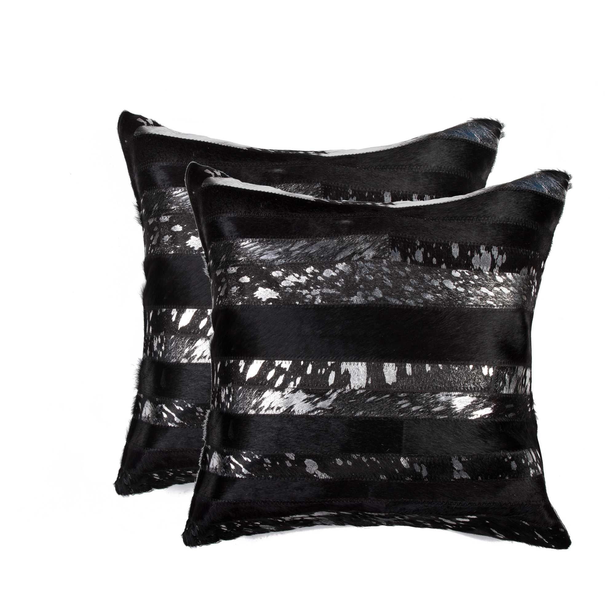 Set of Two 18" Gold and Black Cowhide Throw Pillows