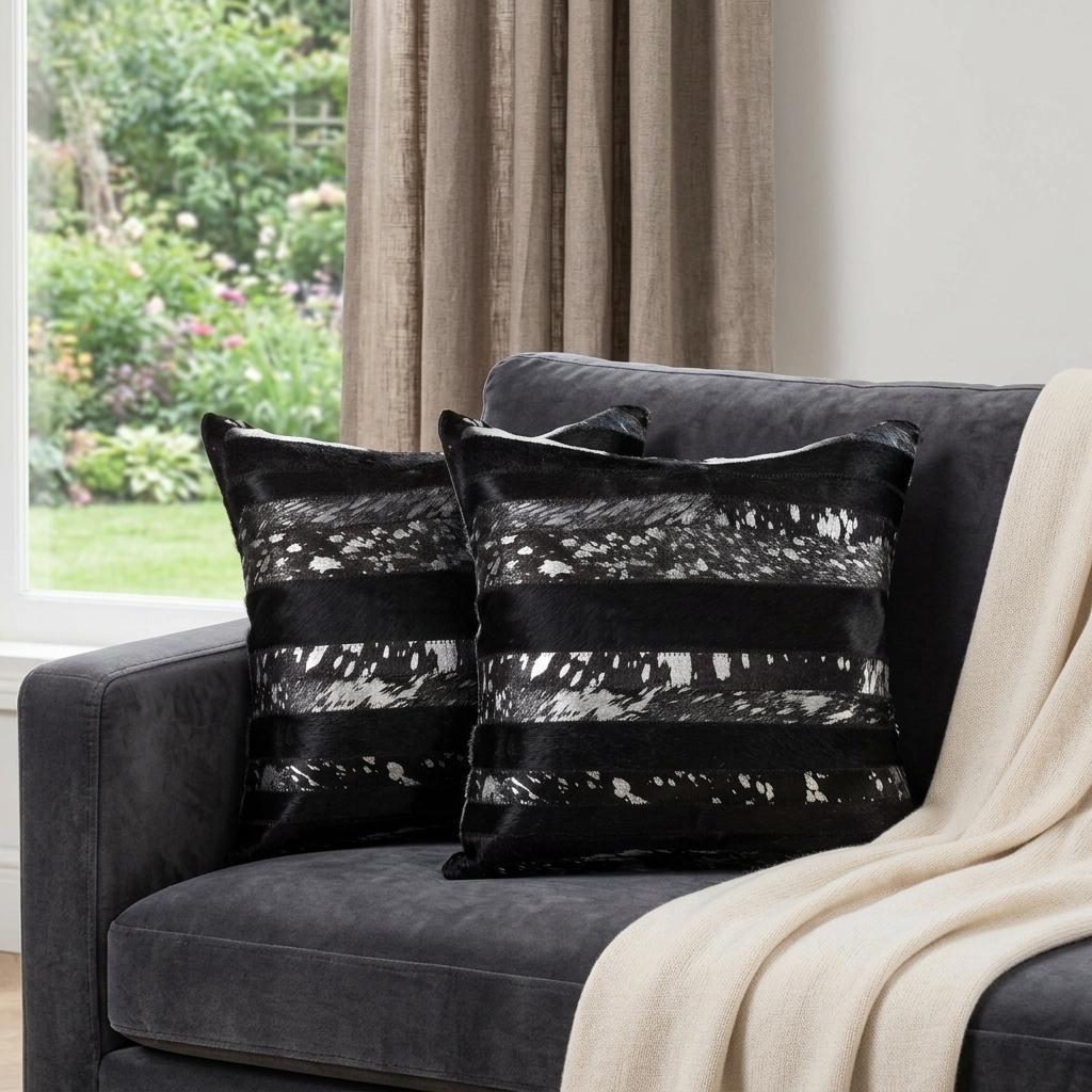 Set of Two 18" Gold and Black Cowhide Throw Pillows