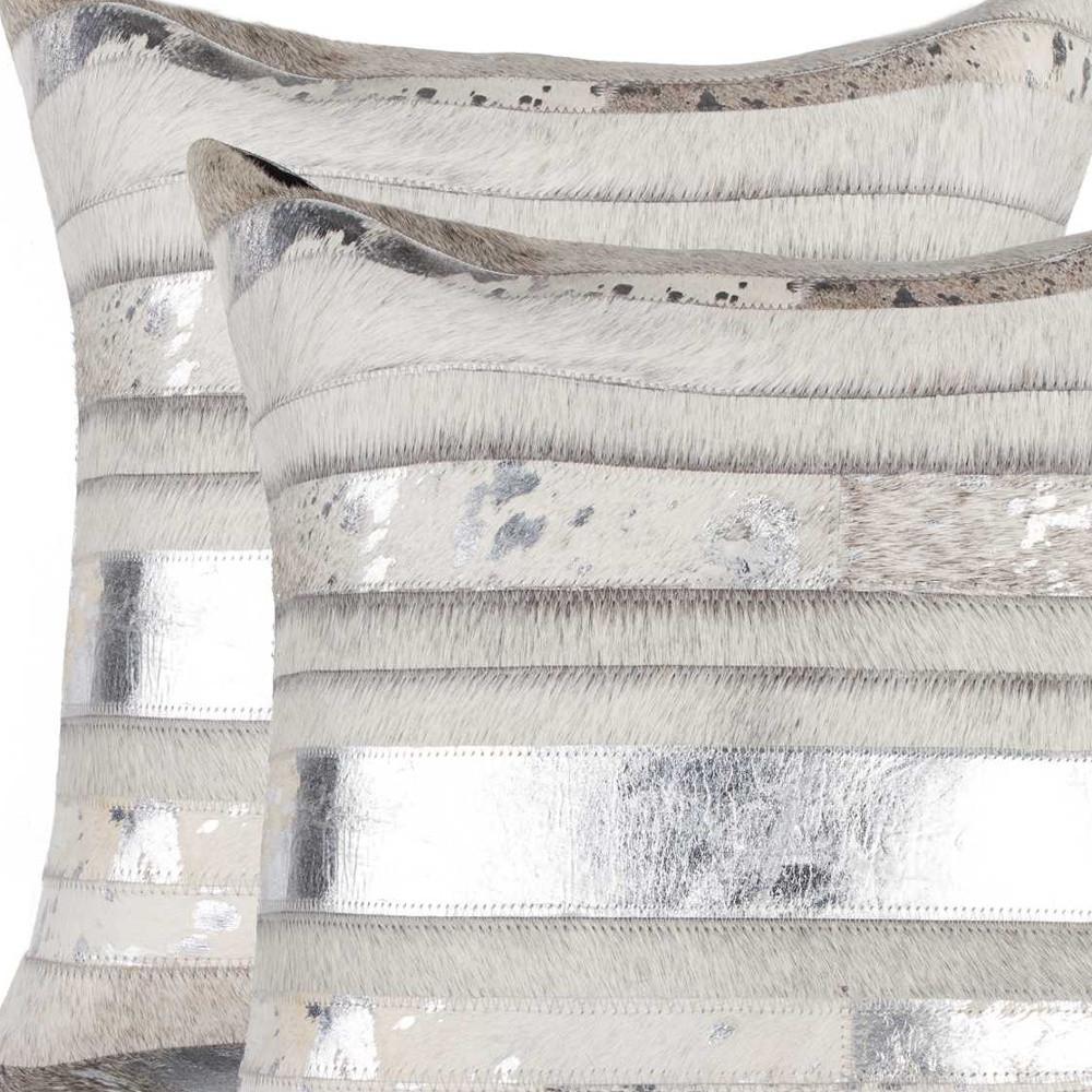 Set of Two 18" Silver And Gray Cowhide Throw Pillows