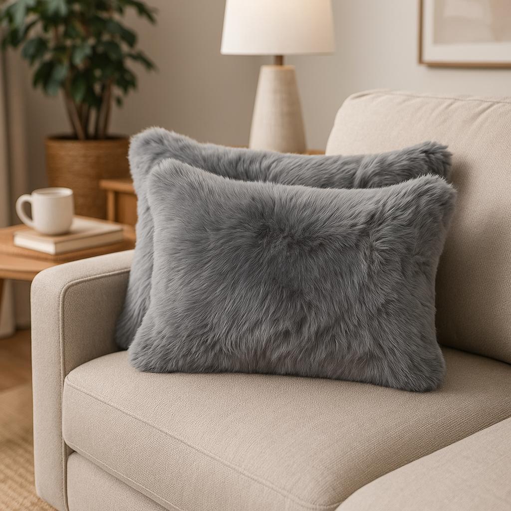 12" X 20" X 5" Gray Sheepskin Pillow 2 Pack