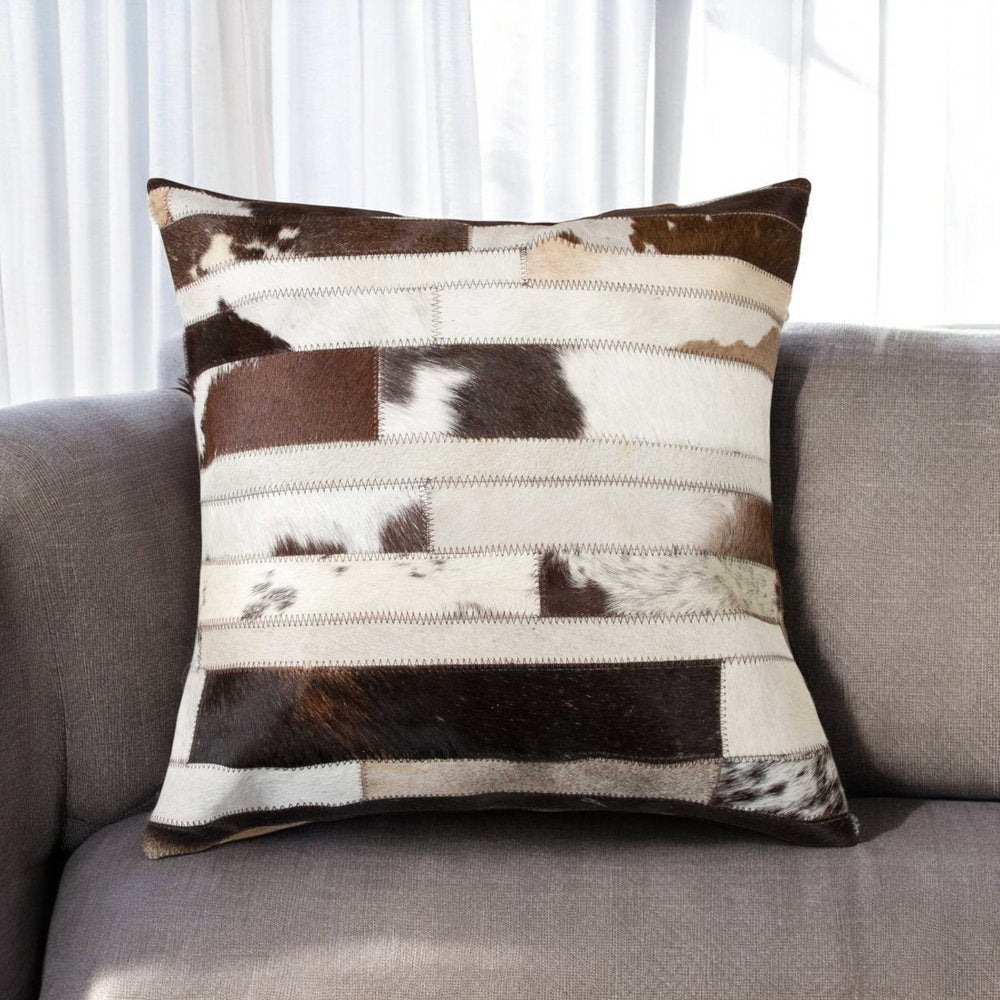 18" Chocolate And Ivory Striped Cowhide Throw Pillow