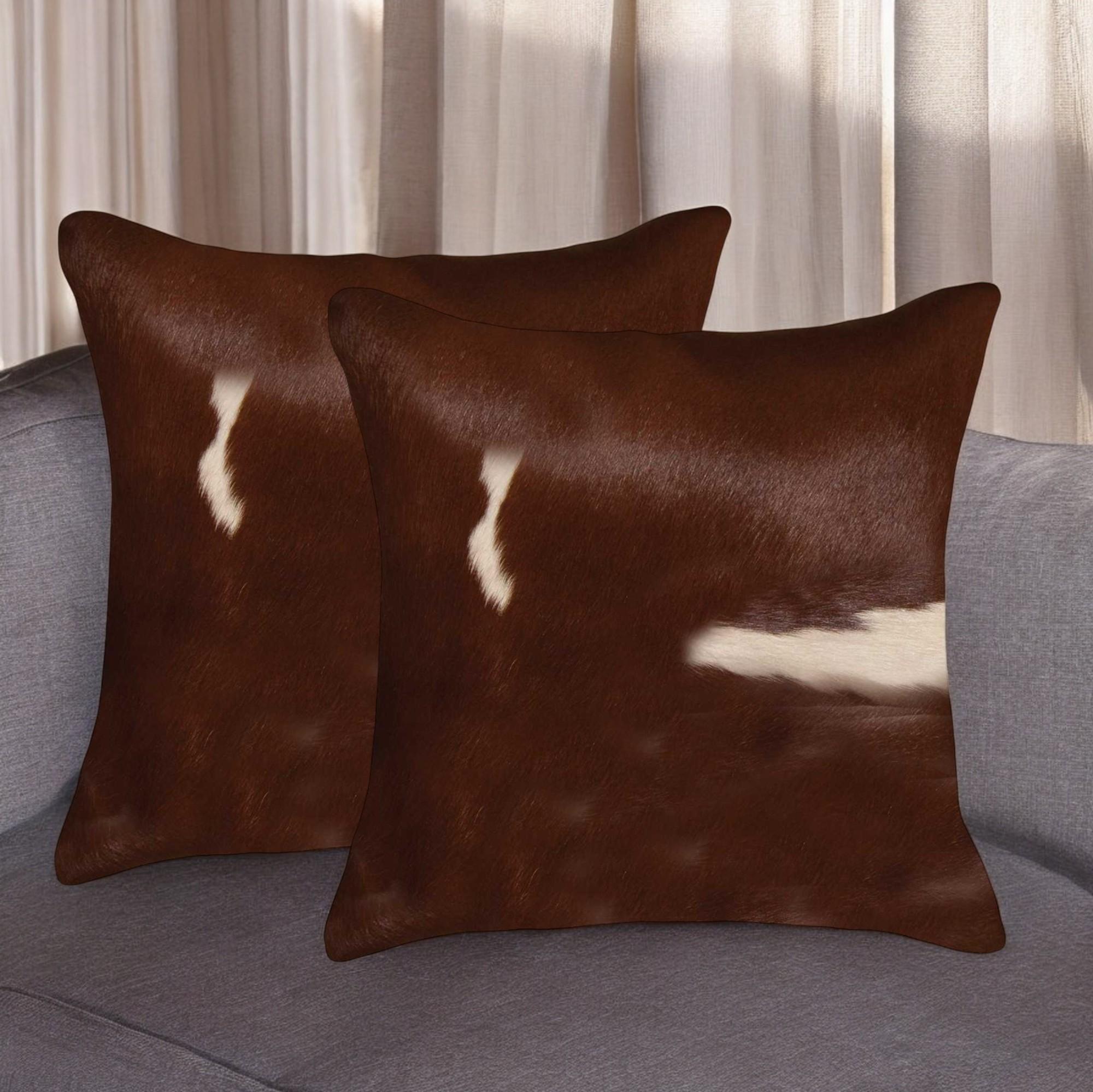 Set of Two 18" Brown And White Cowhide Throw Pillows