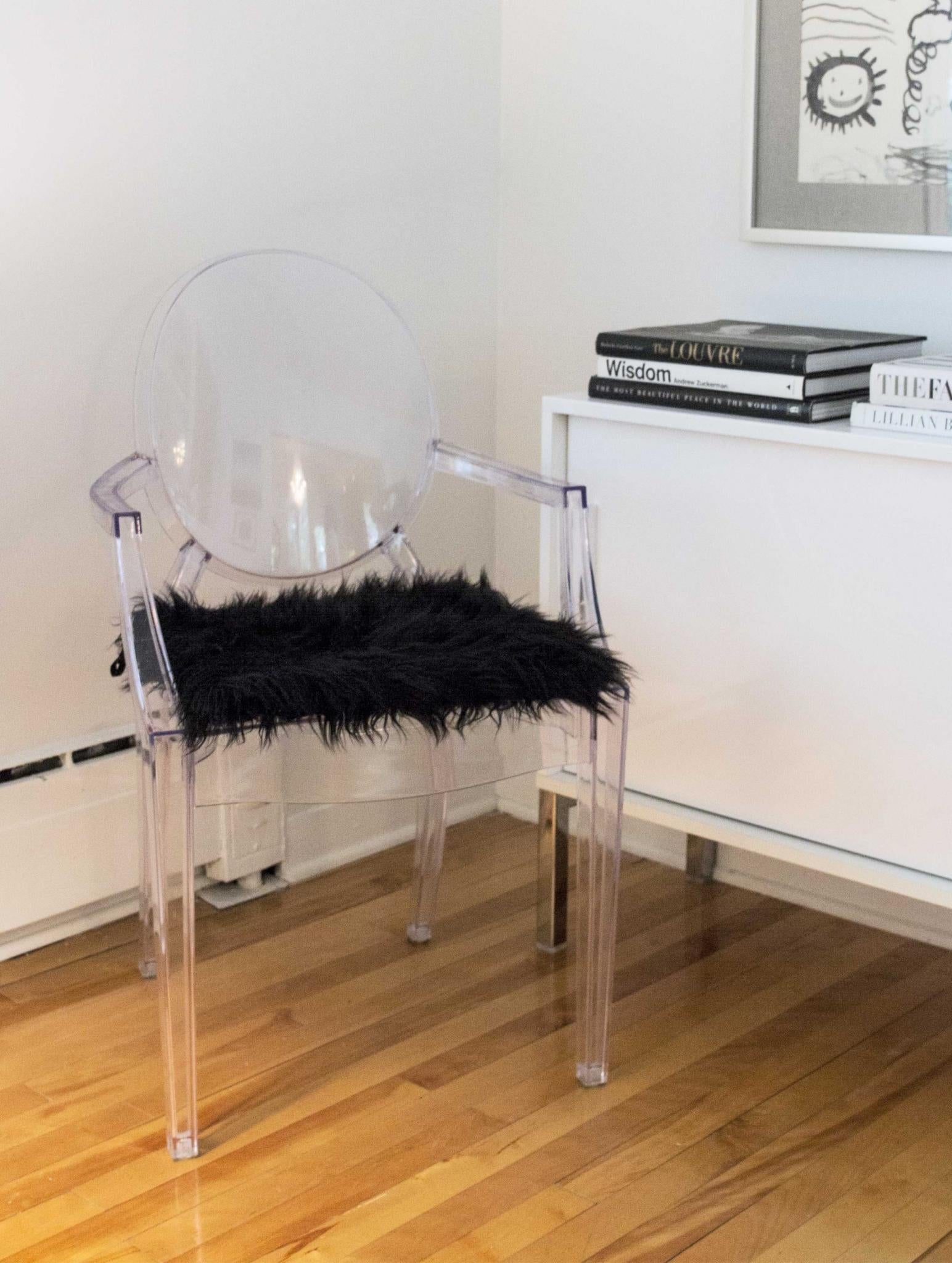 Set of Two 16" X 2" Black Faux Fur Chair Pads
