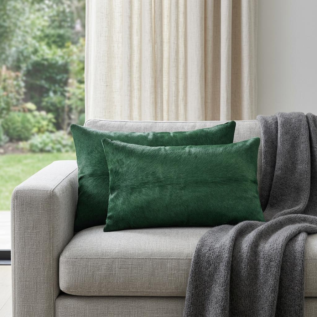 Set of Two 12" X 20" Green Cowhide Throw Pillows