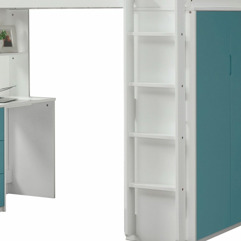 White And Teal Twin Loft Bed And Desk