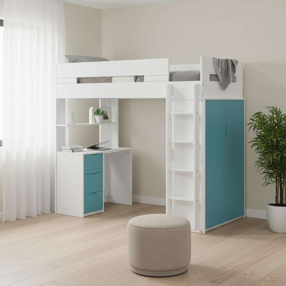 White And Gray Twin Loft Bed And Desk