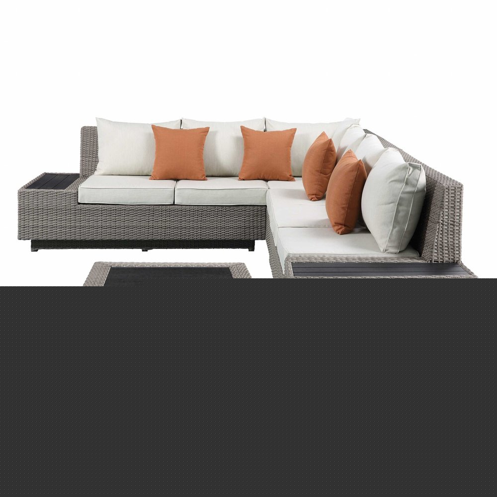 Beige Polyester Modular L Shaped Four Piece Standard With Console And Toss Pillows