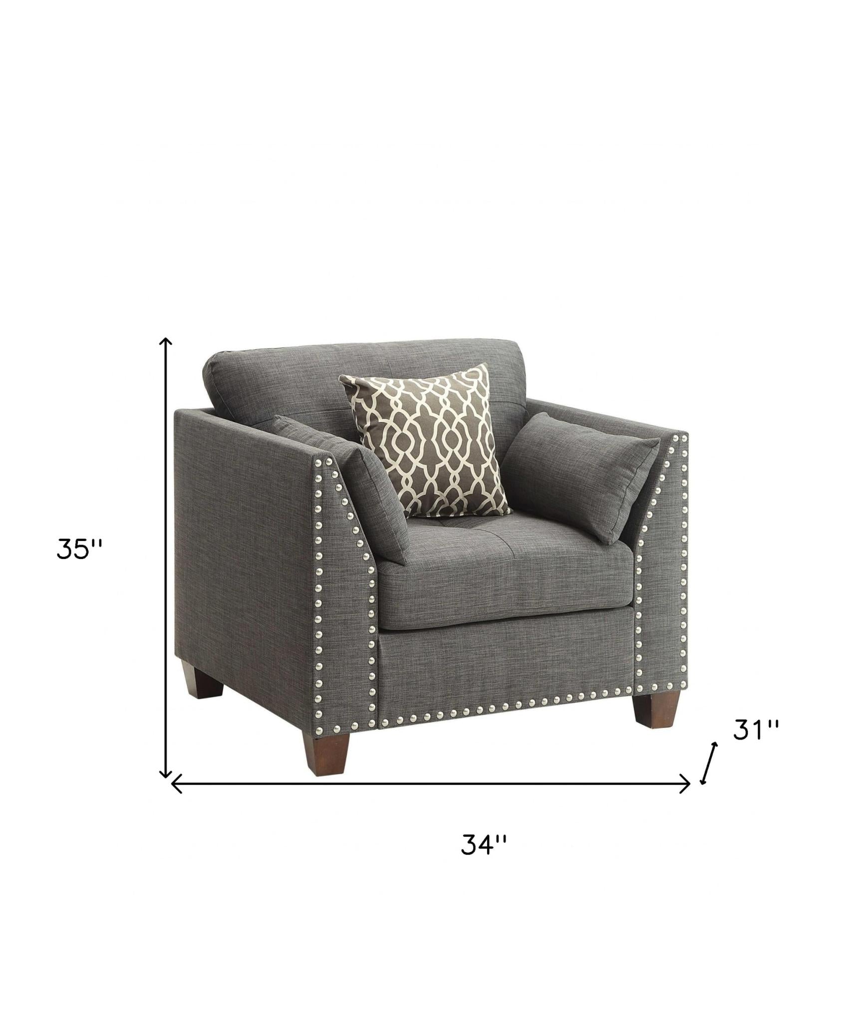 34" Charcoal and Brown Linen Arm Chair And Toss Pillows