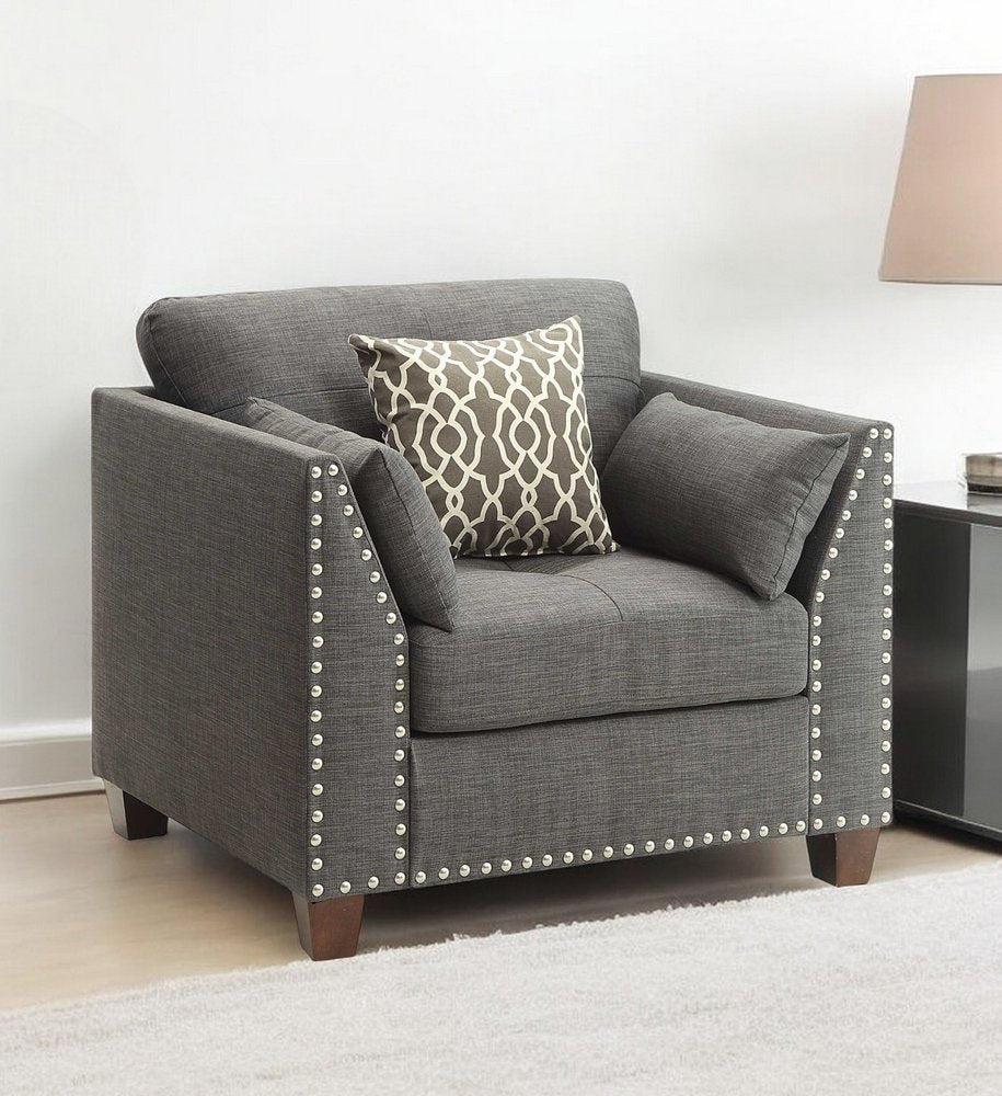 34" Charcoal and Brown Linen Arm Chair And Toss Pillows