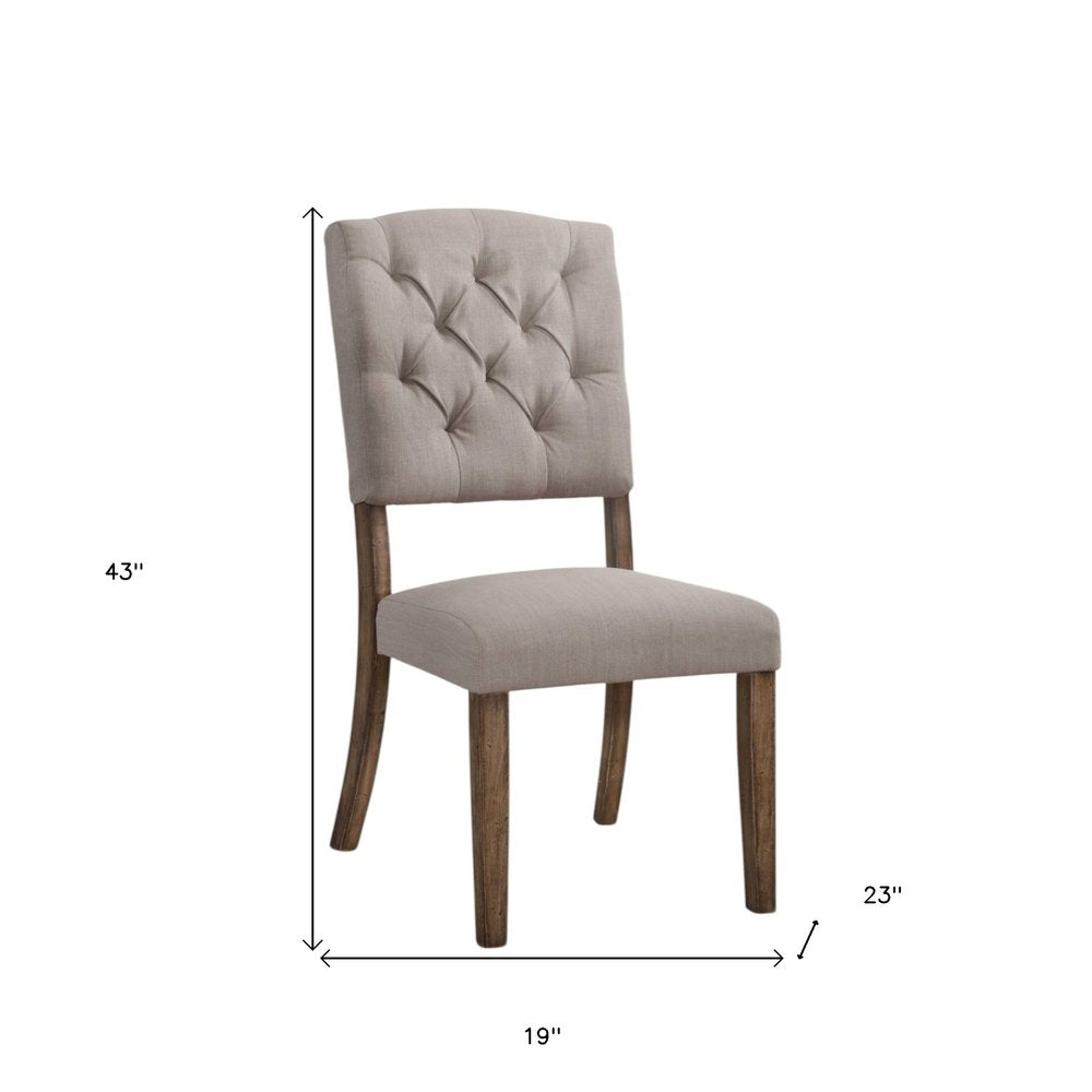 Set of Two Tufted Cream and Brown Upholstered Linen Open Back Dining Side Chairs