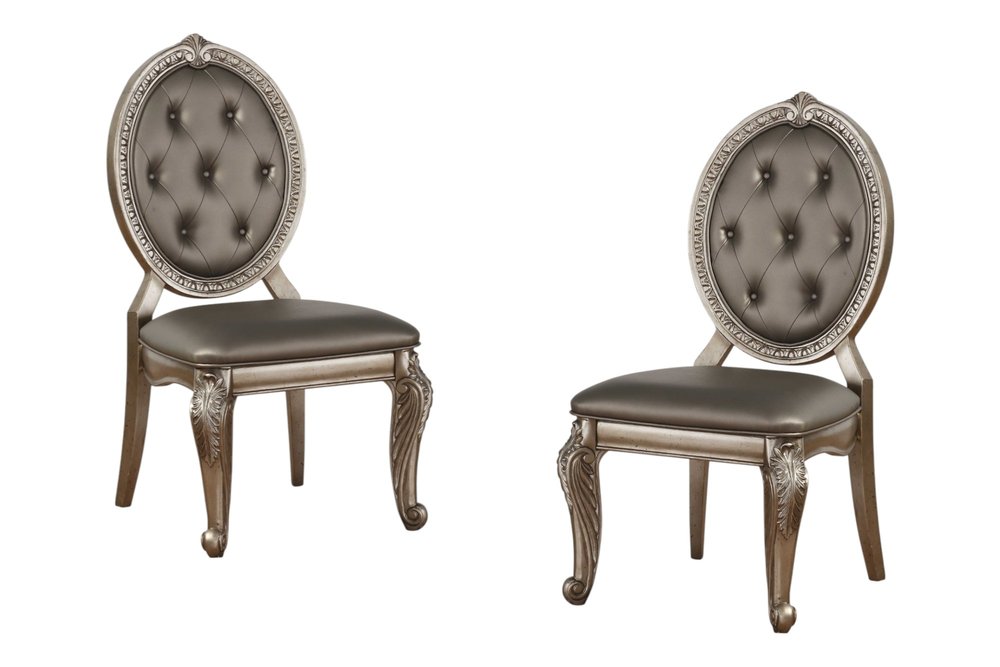 Set of Two Tufted Champagne Upholstered Faux Leather Dining Side Chairs