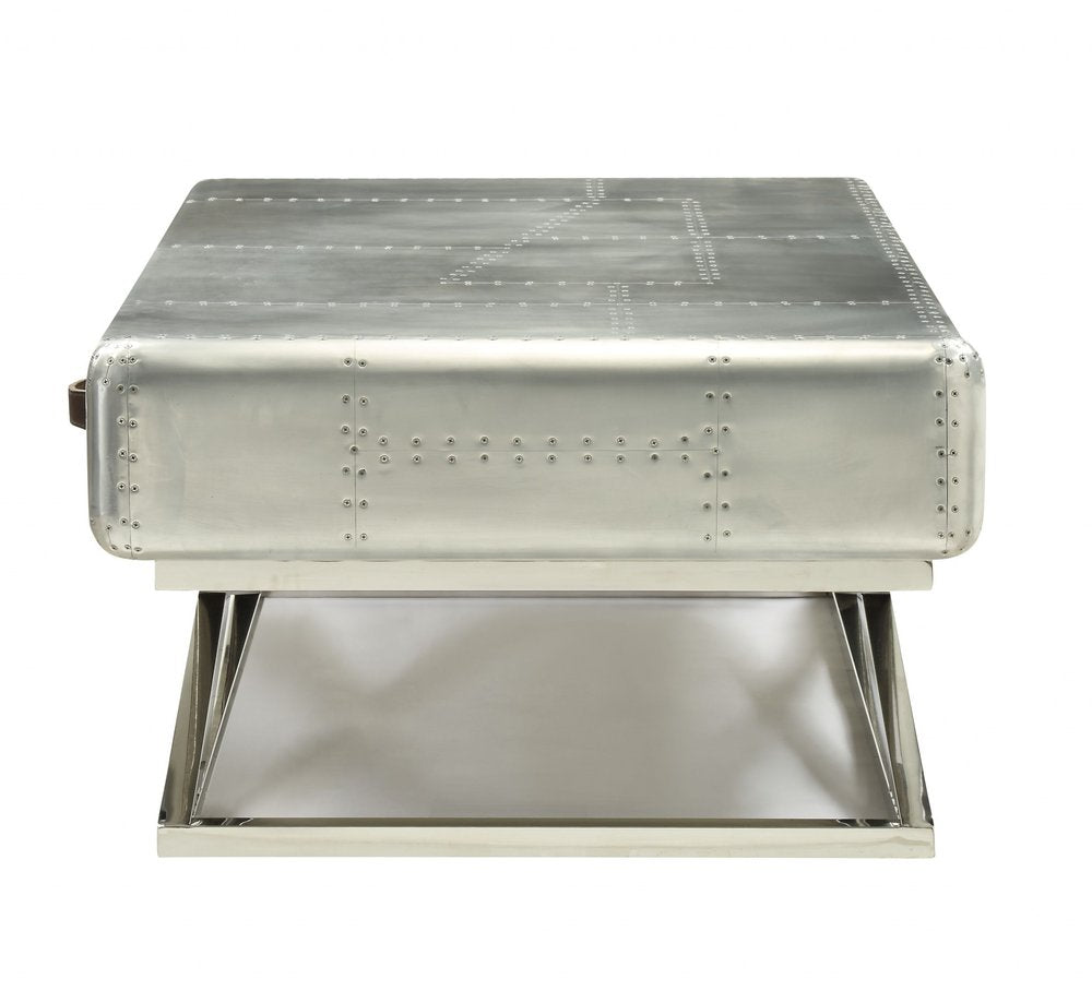 51" Silver Aluminum Trestle Coffee Table With Three Drawers