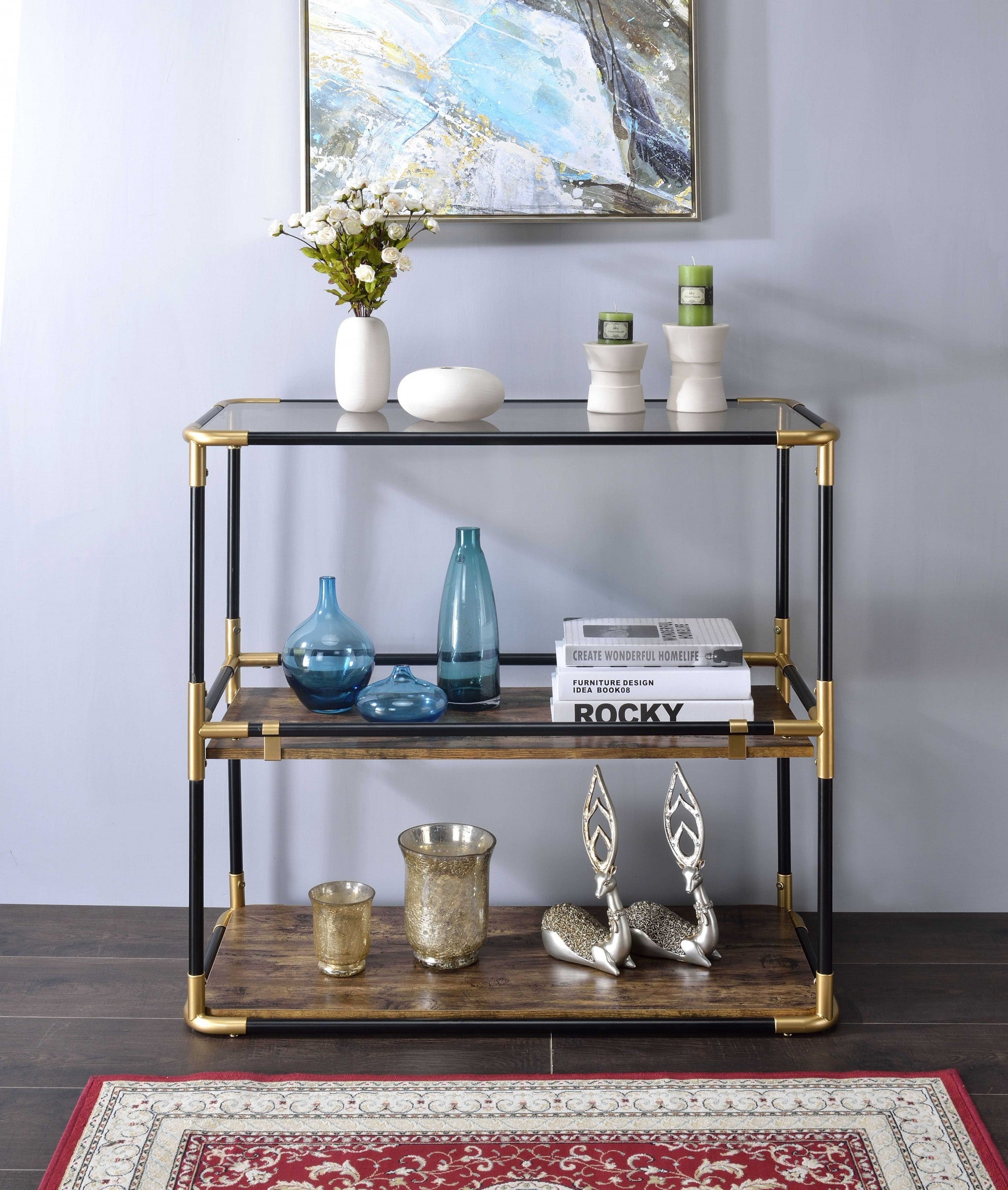 33" Black and Gold And Clear Glass End Table With Two Shelves With Magazine Holder