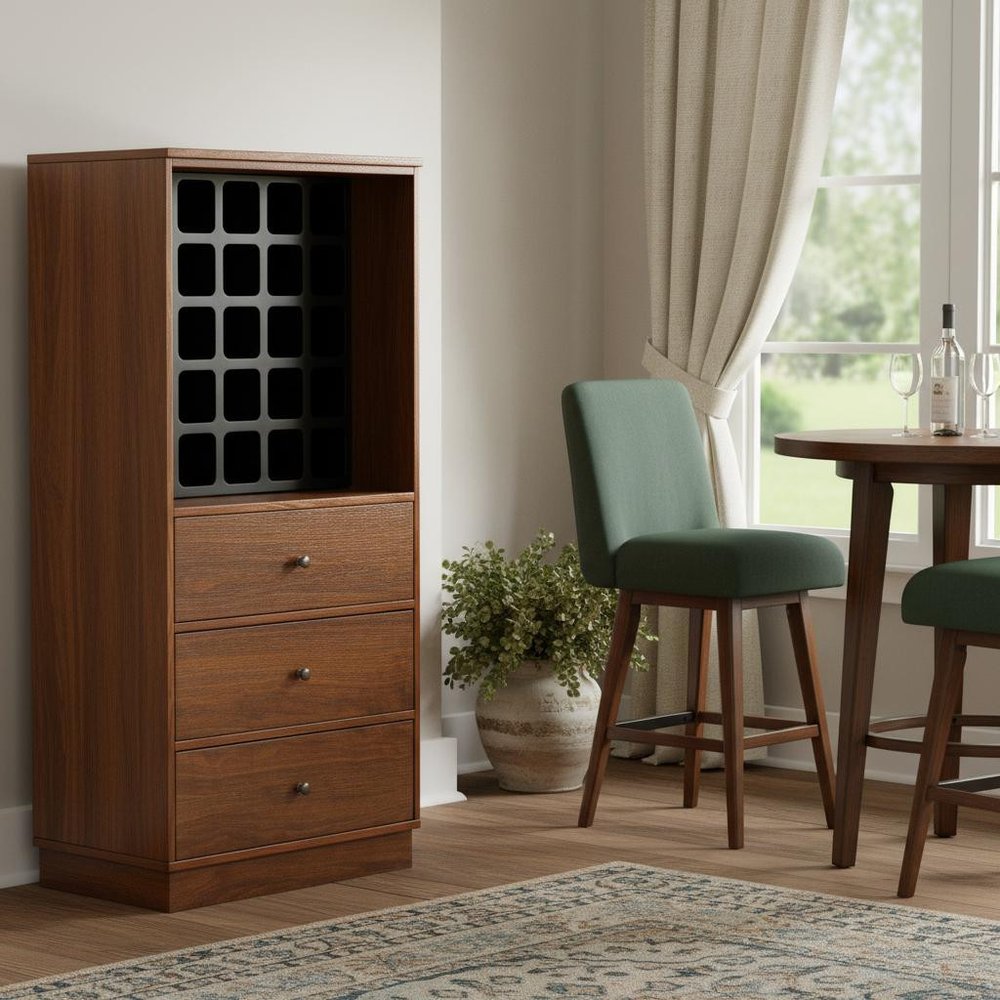 52" Brown And Black Wood Bar Cabinet With Three Drawers