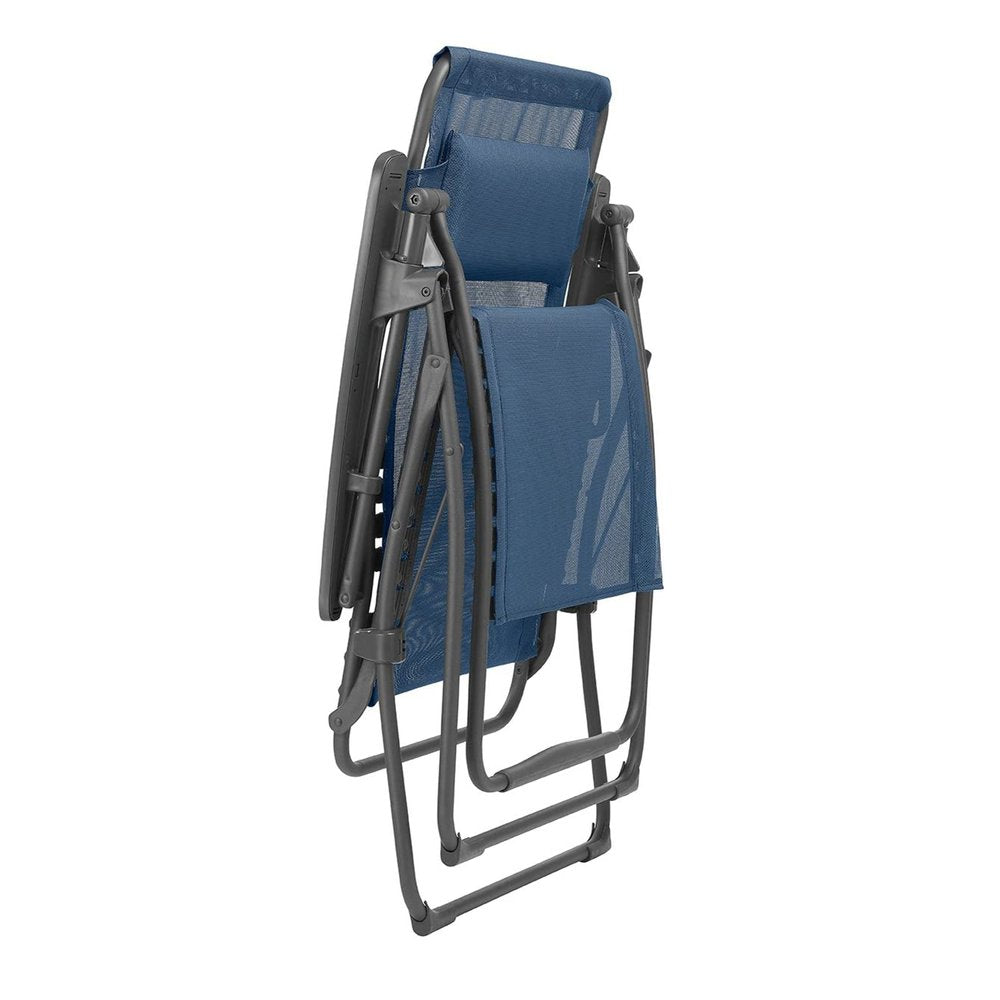 30" Blue and Gray Steel Outdoor Zero Gravity Chair with Blue Cushion