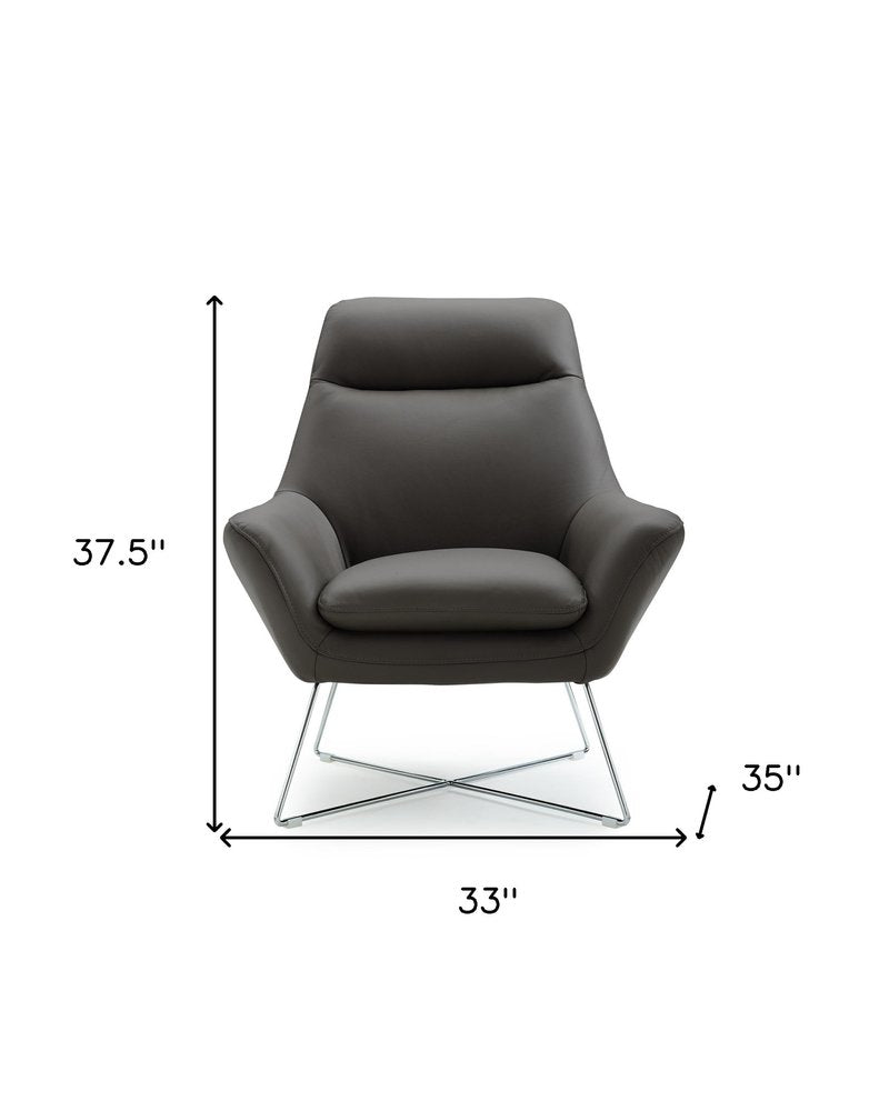 33" Gray and Silver Italian Leather Tufted Arm Chair