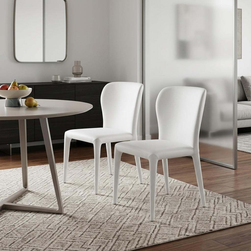 Set of Two White Upholstered Faux Leather Dining Side Chairs