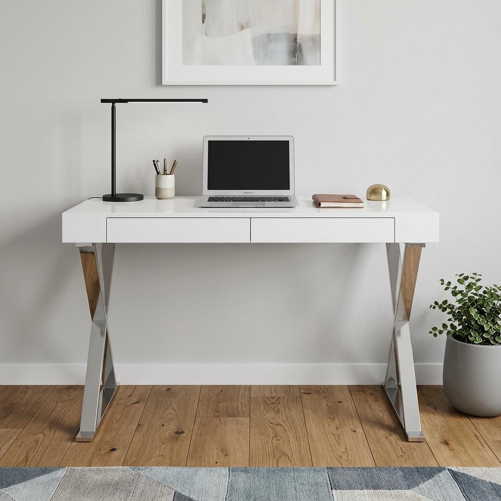 47" White and Silver Writing Desk With Two Drawers
