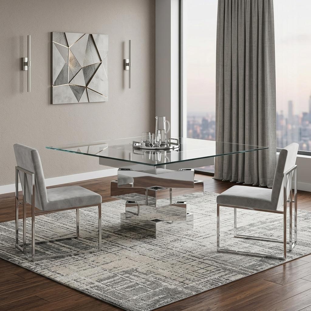 59" Clear And Gray Square Glass And Solid Wood Pedestal Base Dining Table