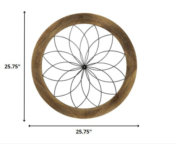 26" X 26" Light Brown Metal And Wood Circle Hanging Dimensional Sculpture
