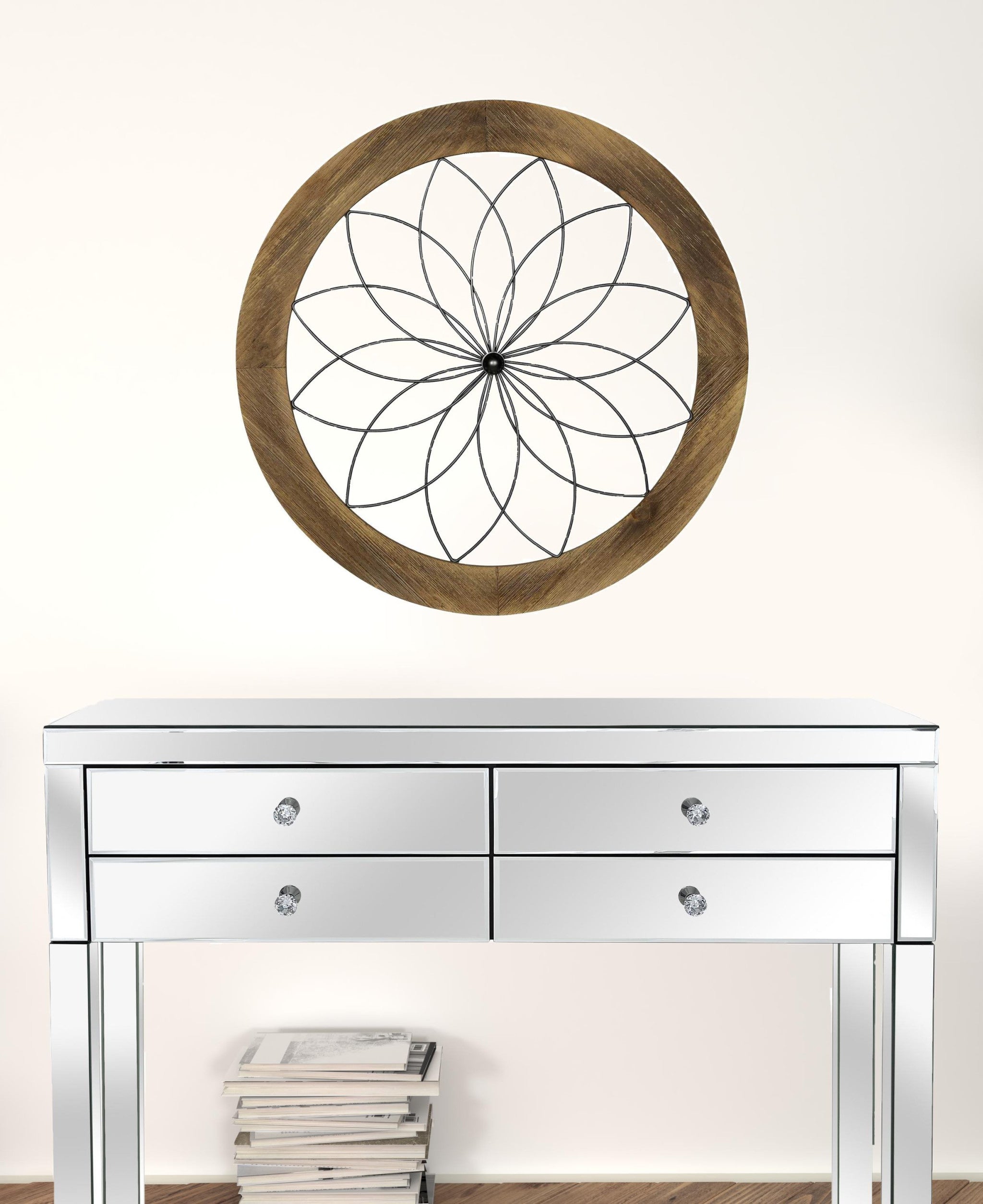 26" Light Brown Wood And Metal Circle Flower Hanging Dimensional Sculpture