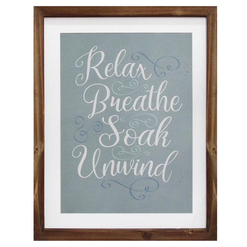 14" X 11" Relax Breathe Soak Unwind Brown Framed Bathroom Wall Art