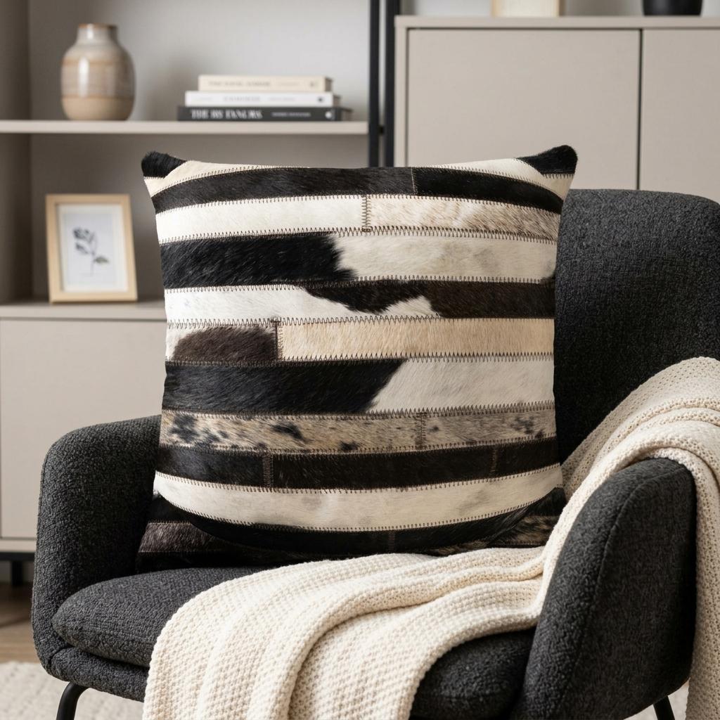 18" Black and White Cowhide Throw Pillow