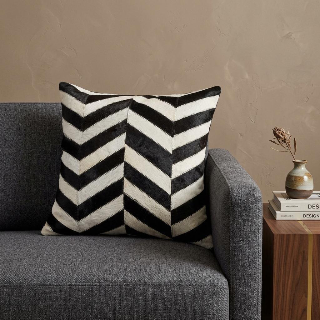 18" Black and Off White Cowhide Throw Pillow