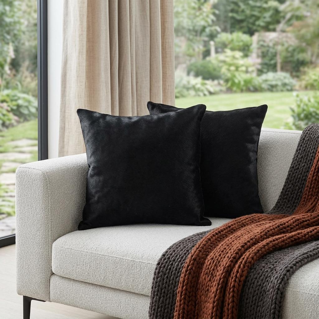 Set of Two 18" Black Cowhide Throw Pillows