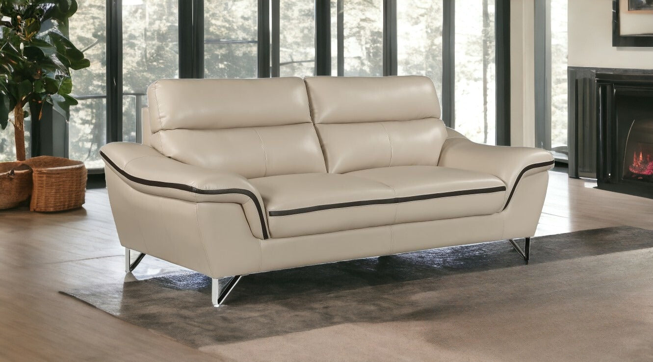 86" Beige Leather Sofa With Silver Legs