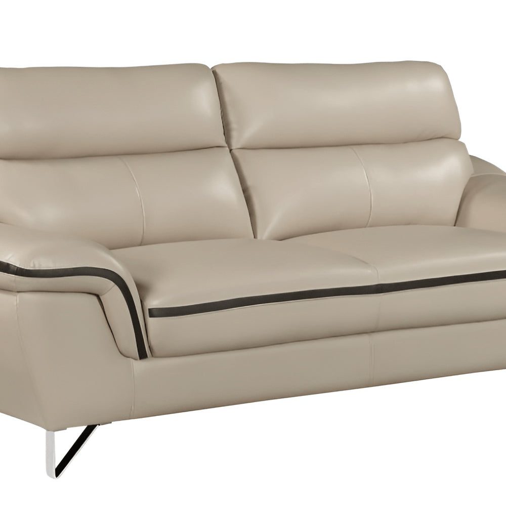 86" Beige Leather Sofa With Silver Legs