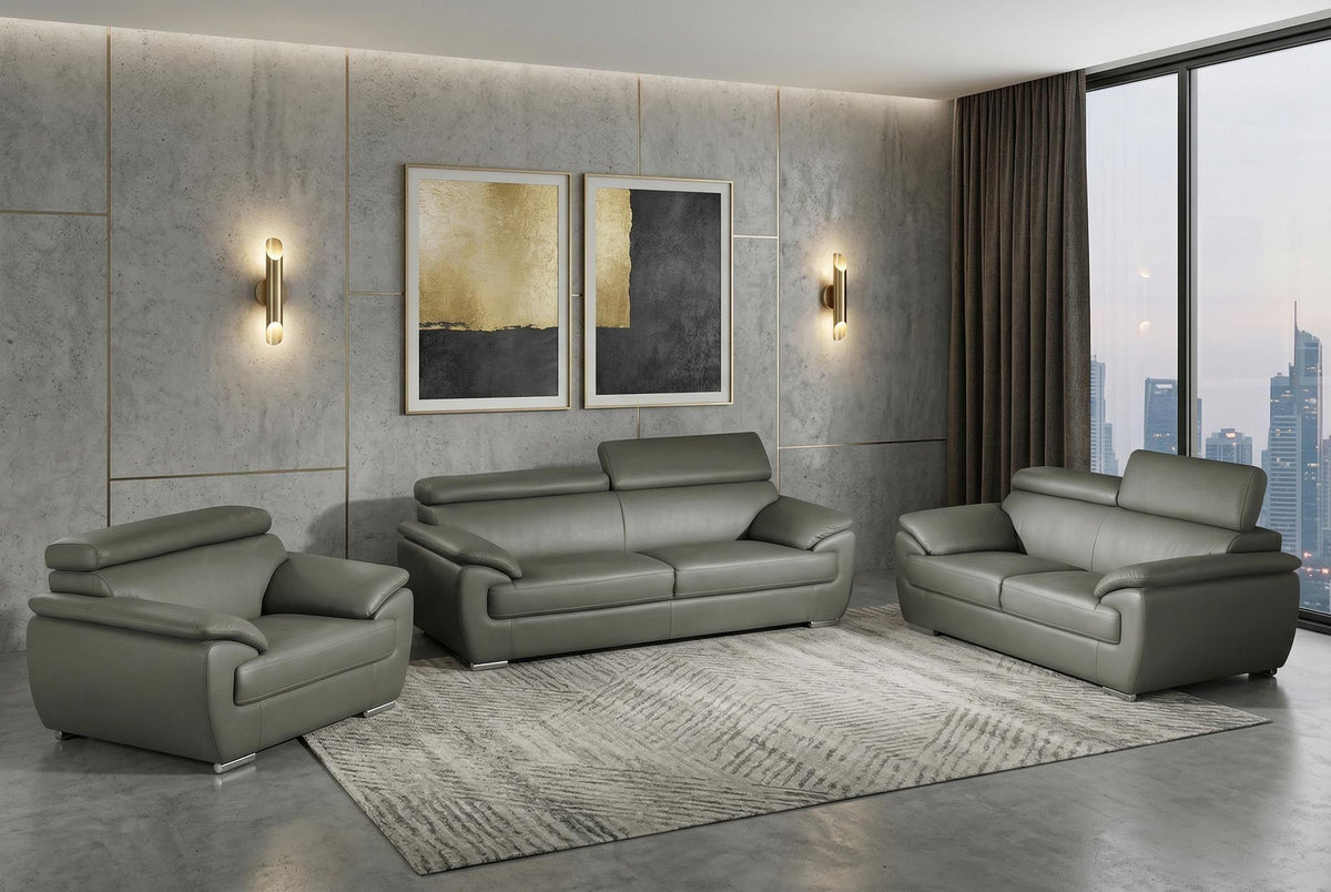 Three Piece Indoor Gray Genuine Leather Six Person Seating Set