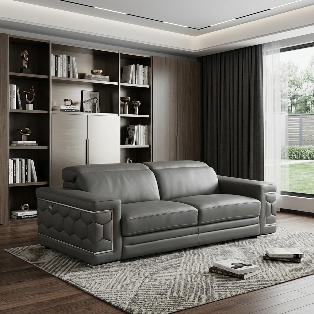89" Dark Gray Italian Leather Sofa With Silver Legs
