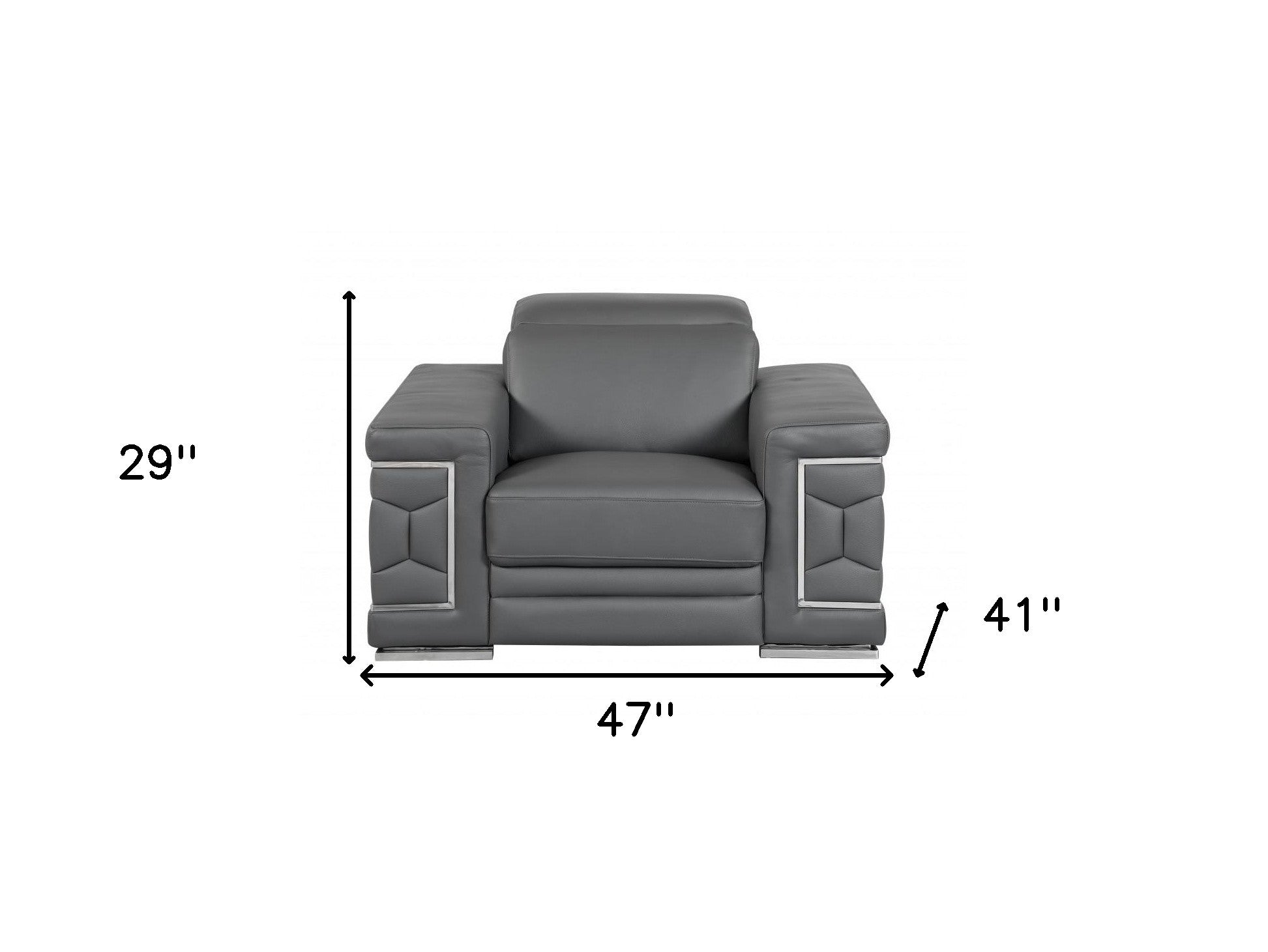 47" Dark Gray And Silver Genuine Leather Arm Chair