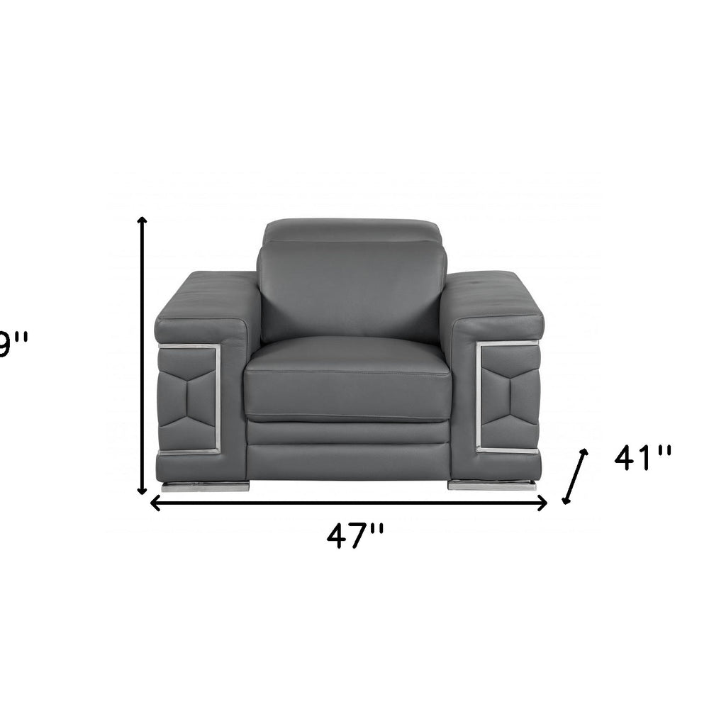47" Brown And Silver Genuine Leather Arm Chair