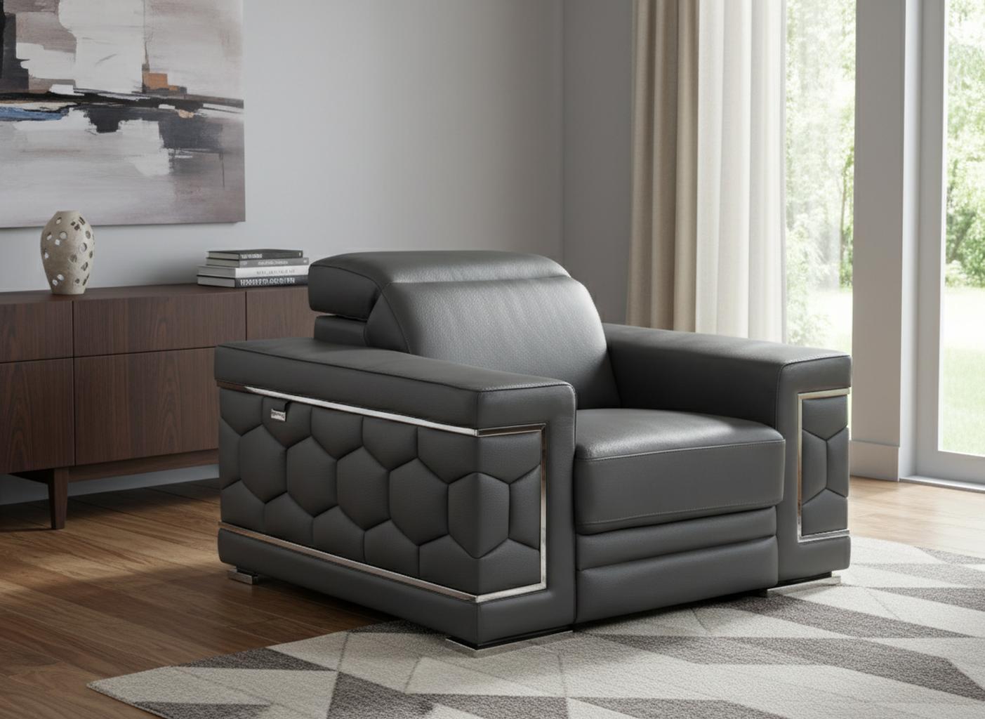 47" Dark Gray And Silver Genuine Leather Arm Chair