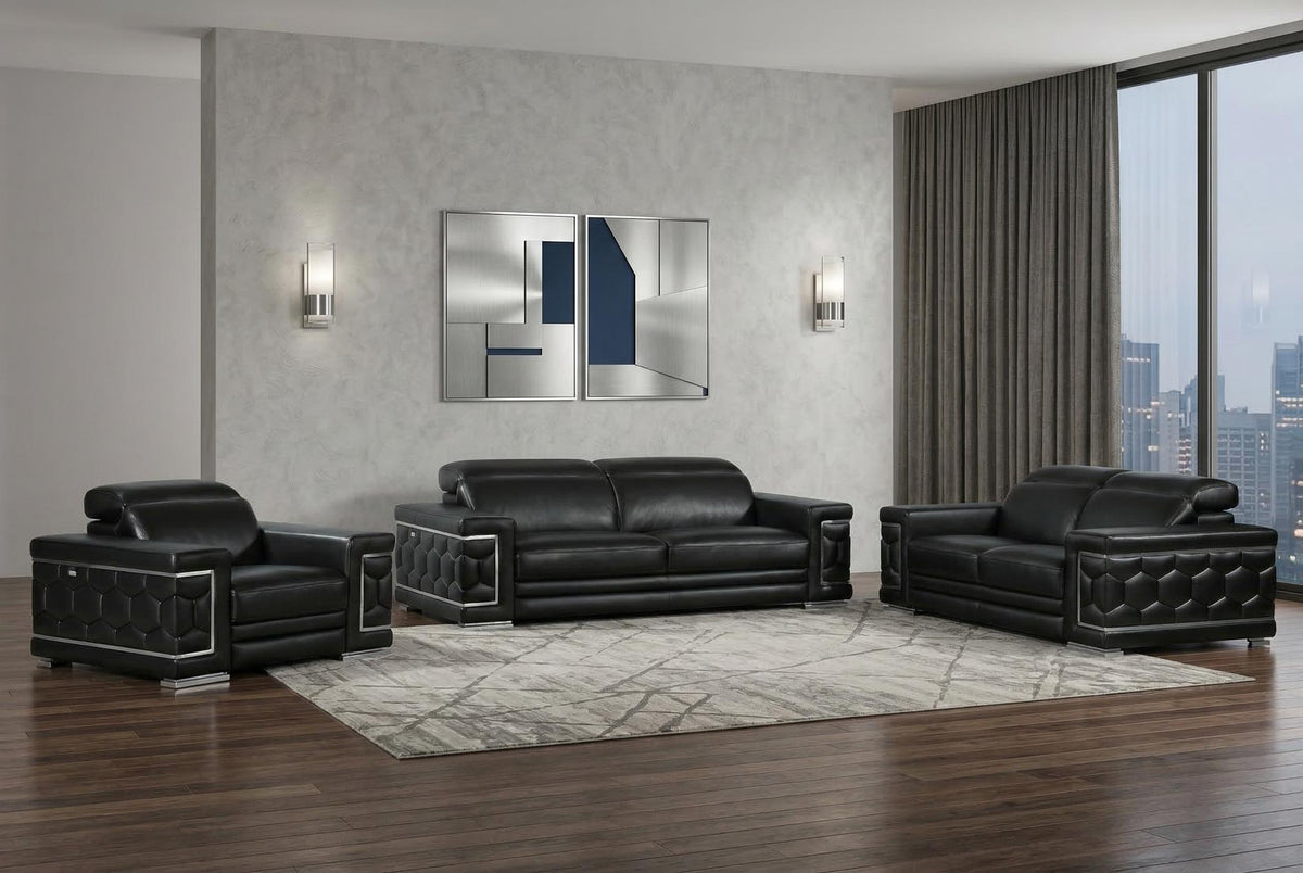 Three Piece Indoor Black Italian Leather Six Person Seating Set