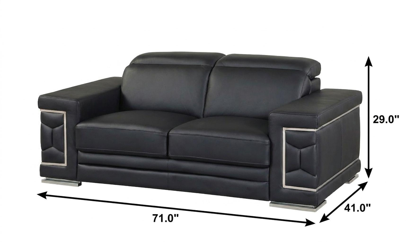 71" Black And Silver Genuine Leather Love Seat