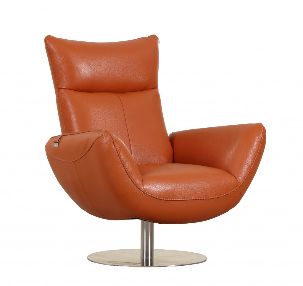 37" Orange And Silver Genuine Leather Lounge Chair
