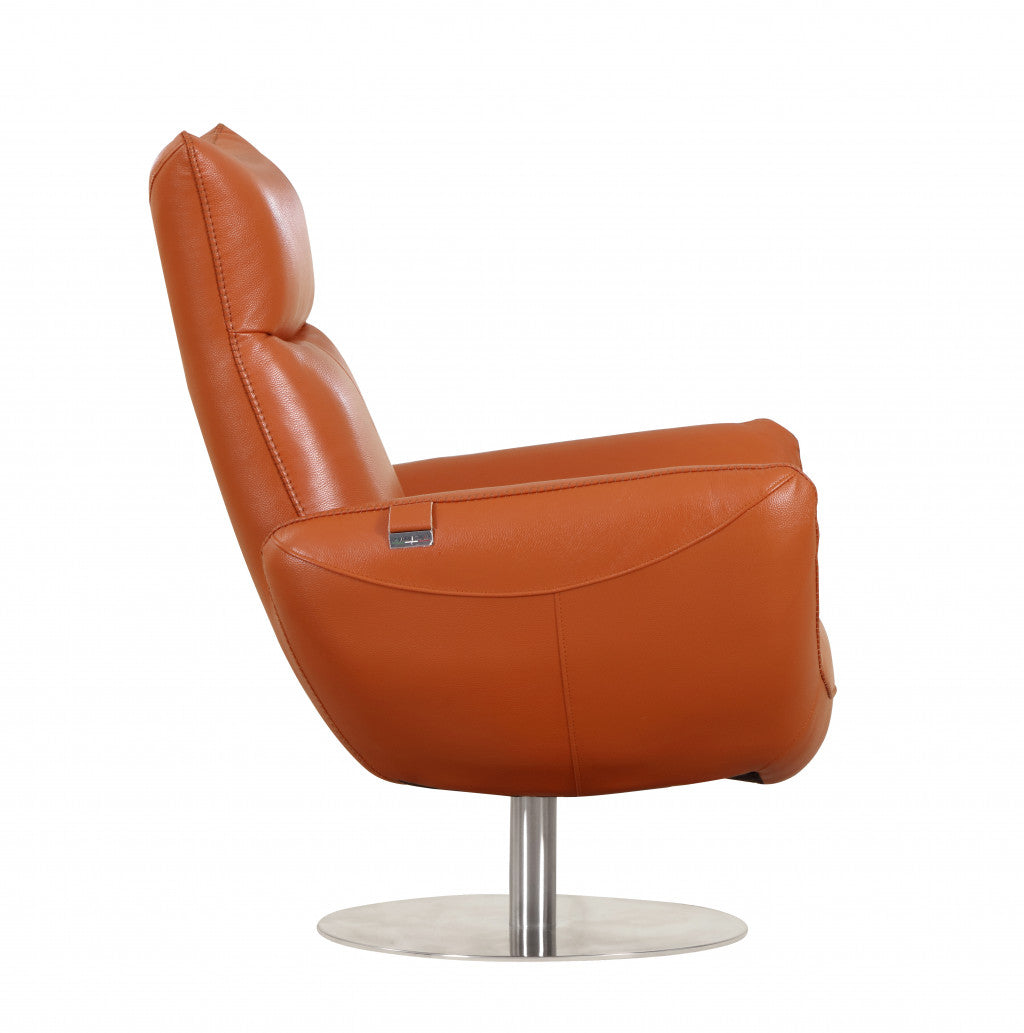 37" Orange And Silver Genuine Leather Lounge Chair